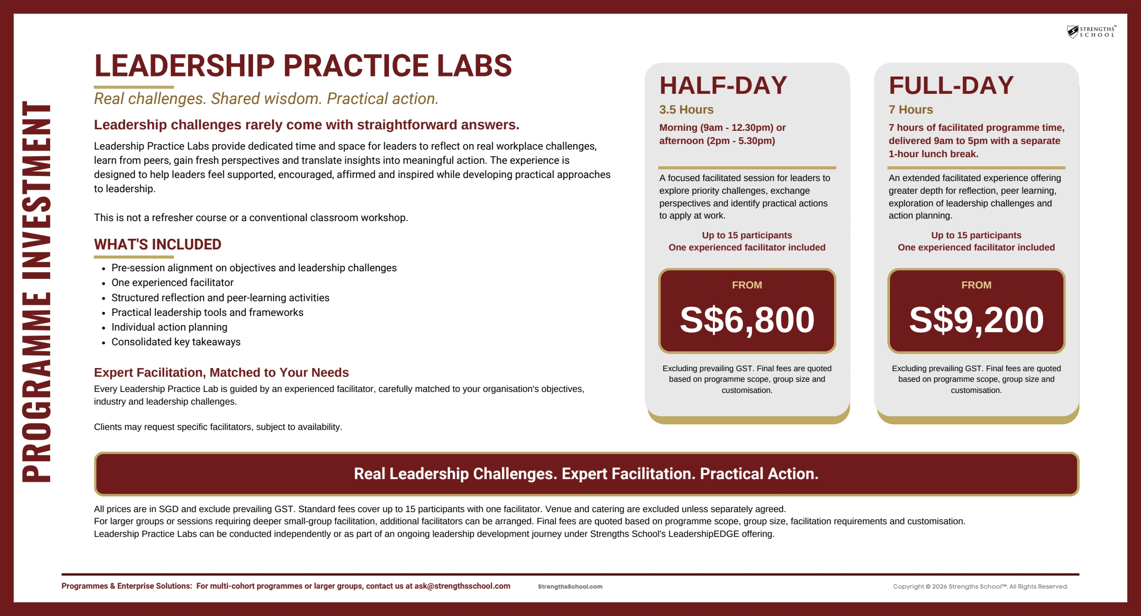 Leadership Practice Labs approved price list, with programme details, inclusions and half-day and full-day fees. The prices are also listed above.