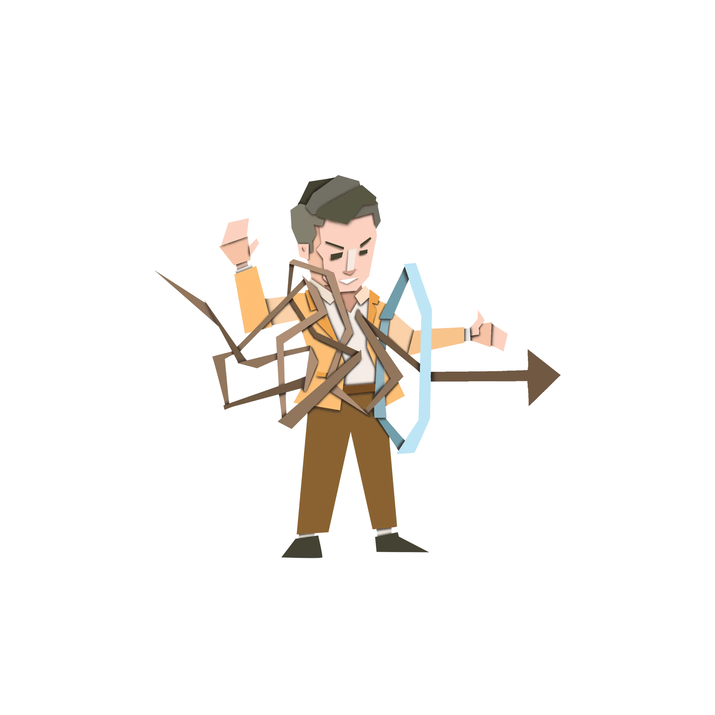 A cartoon man with brown hair in a brown suit, surrounded by abstract shapes, standing in front of a blue arrow pointing to the right.