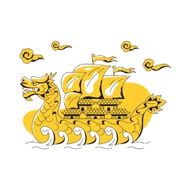 Illustration of a golden dragon with a ship on its back, stylized with waves, clouds, and a sunset background.