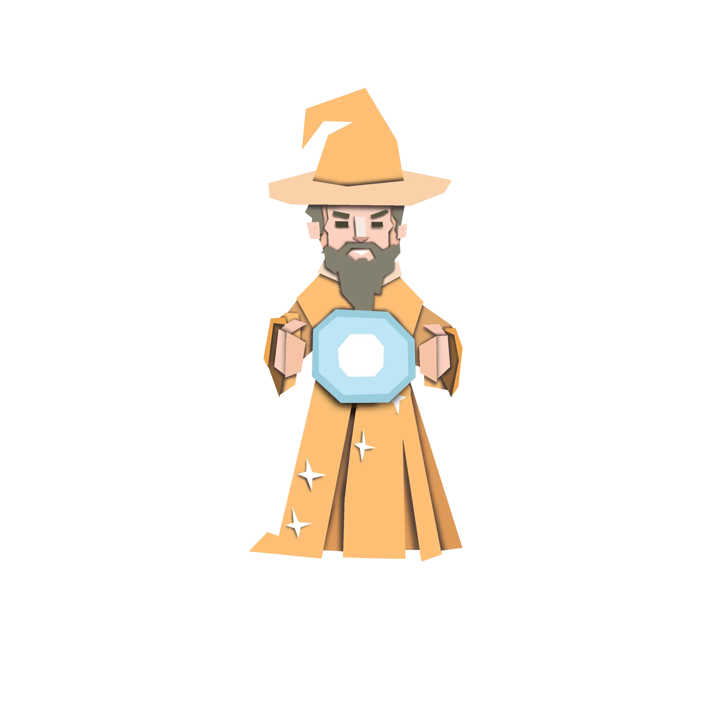 A cartoon wizard with a beard, wearing a brown robe and a pointed hat, holding a glowing blue crystal ball.