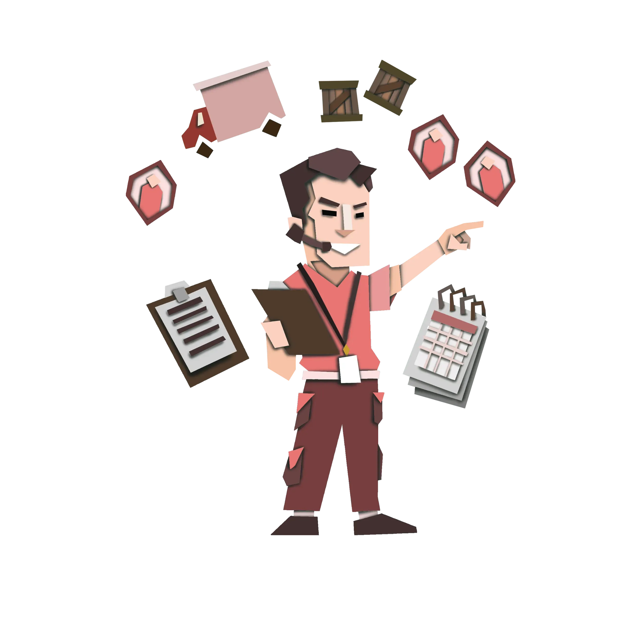 Cartoon man multitasking with office supplies, clipboard, calendar, and framed photos surrounding him.