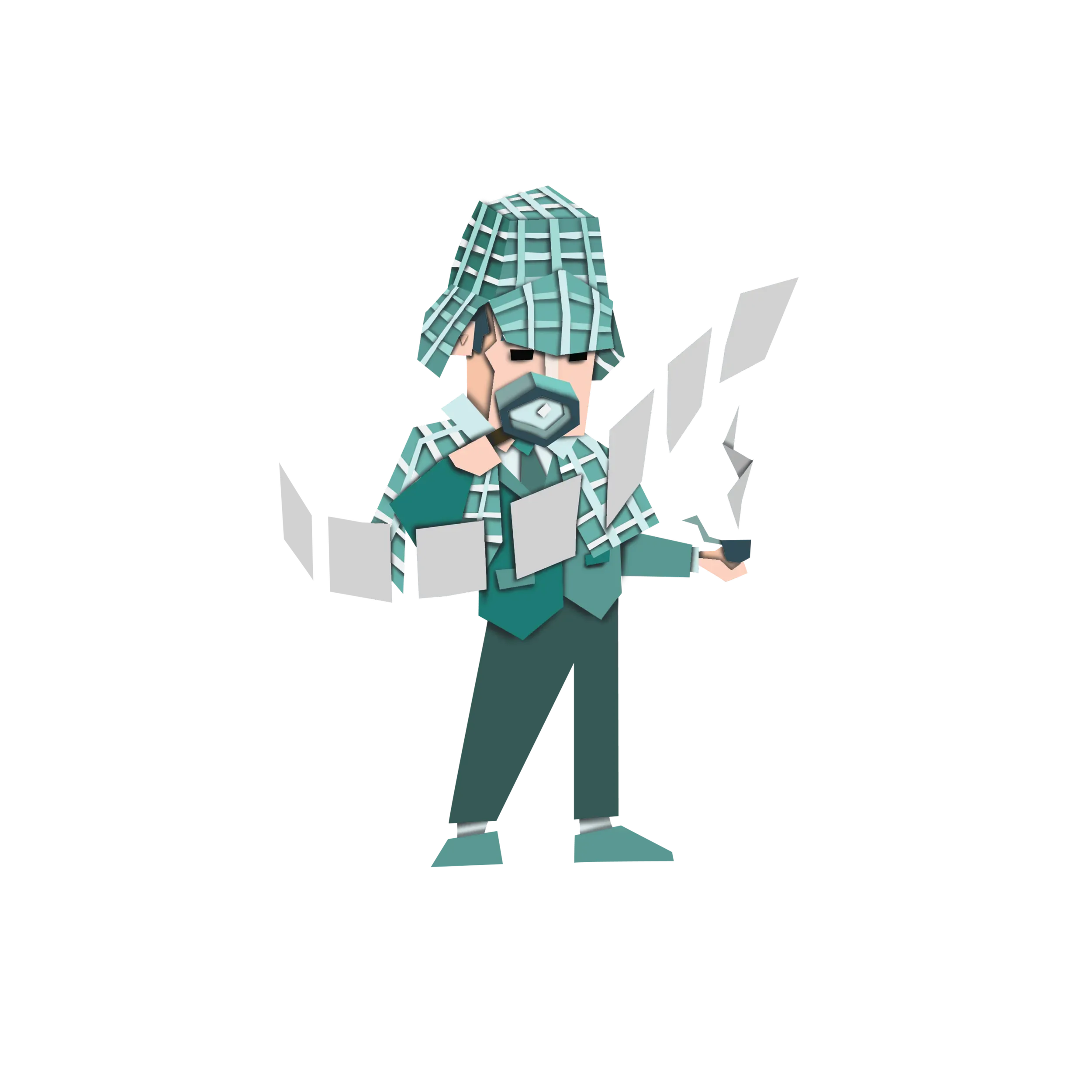 A stylized, geometric illustration of a man with a beard and hat, holding a smartphone, surrounded by floating sheets of paper, dressed in a suit with a patterned hat and coat.