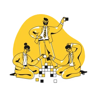 Three cartoon businesspeople in suits playing with blocks, one standing on blocks taking a selfie, and two sitting and arranging blocks, in front of a yellow background.