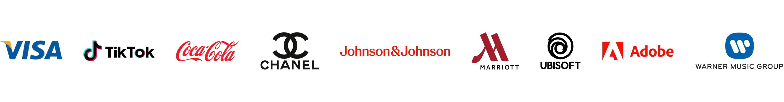 Collection of logos including VISA, TikTok, Coca-Cola, Chanel, Johnson & Johnson, Marriott, Adobe, Warner Music Group.