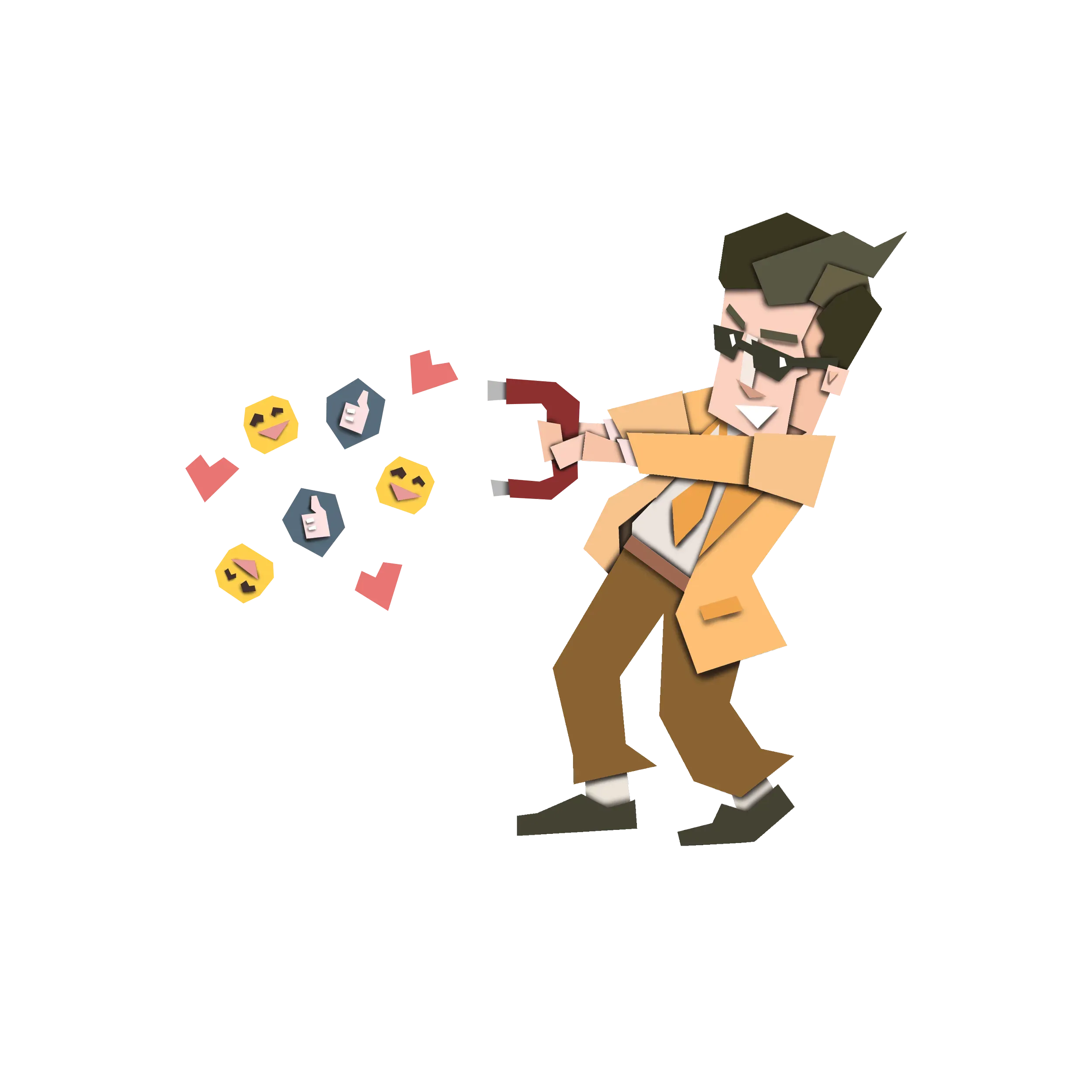Cartoon man wearing sunglasses and a beige blazer holding a large red magnet, attracting floating emoji faces, thumbs up signs, and hearts.