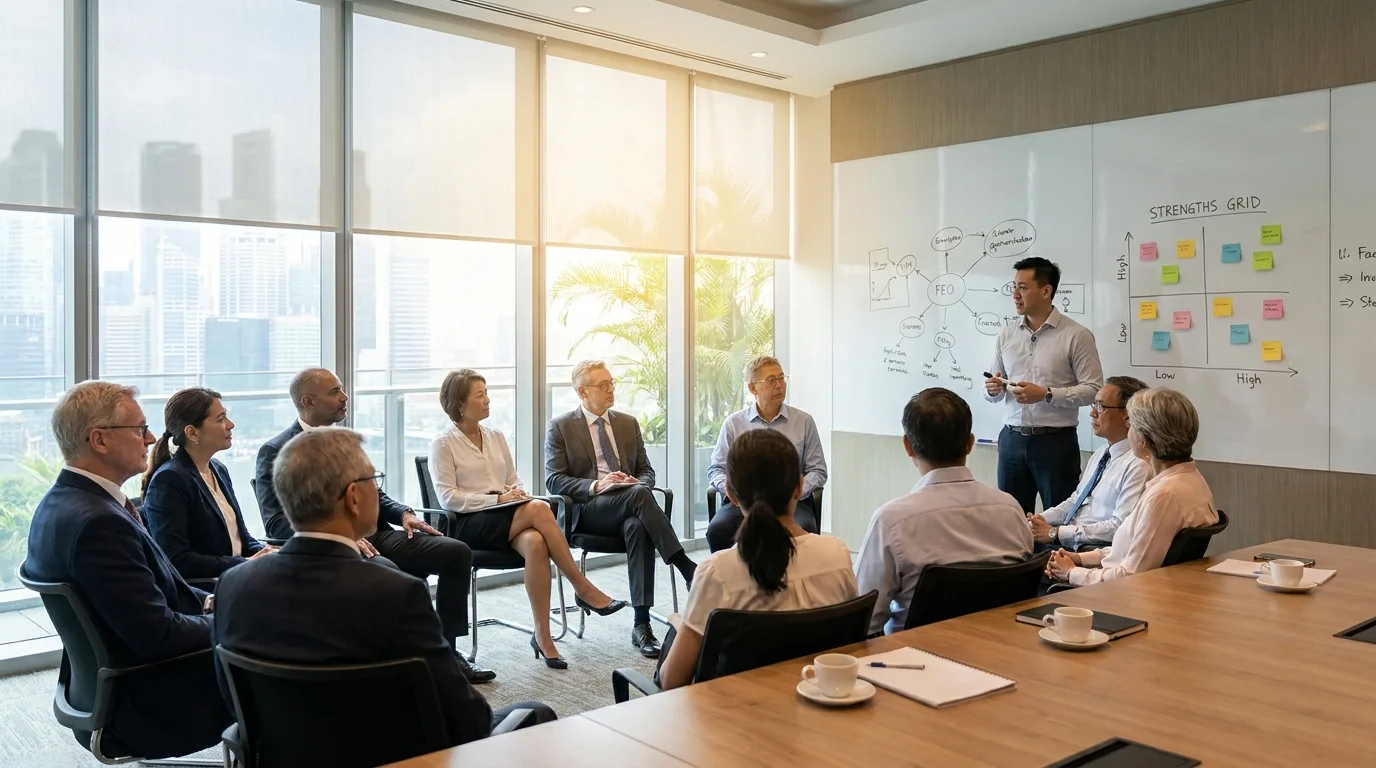 Senior leaders seated in a semicircle around a facilitator mapping a strengths grid on a whiteboard in a Singapore training room