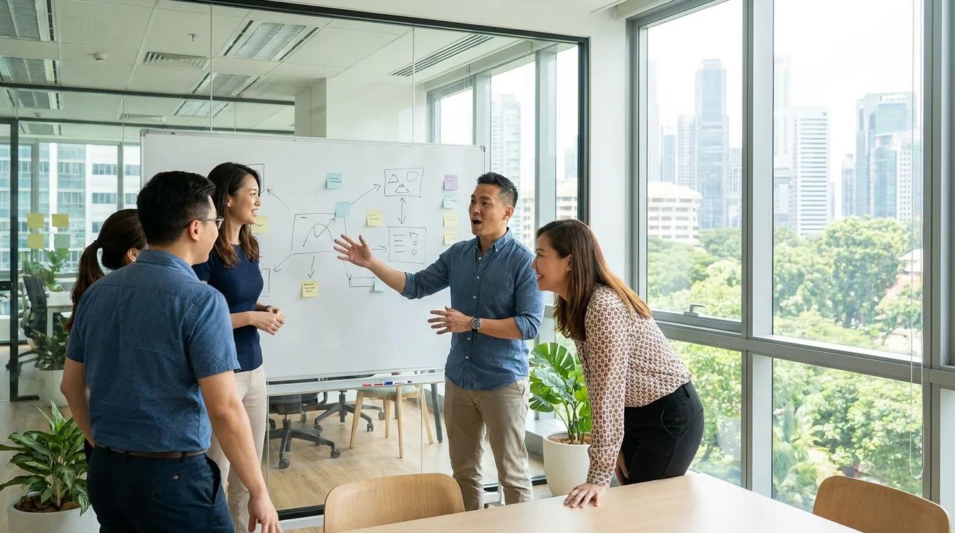 A small team gathered around a whiteboard in a Singapore office, one person mid-sentence gesturing at a diagram
