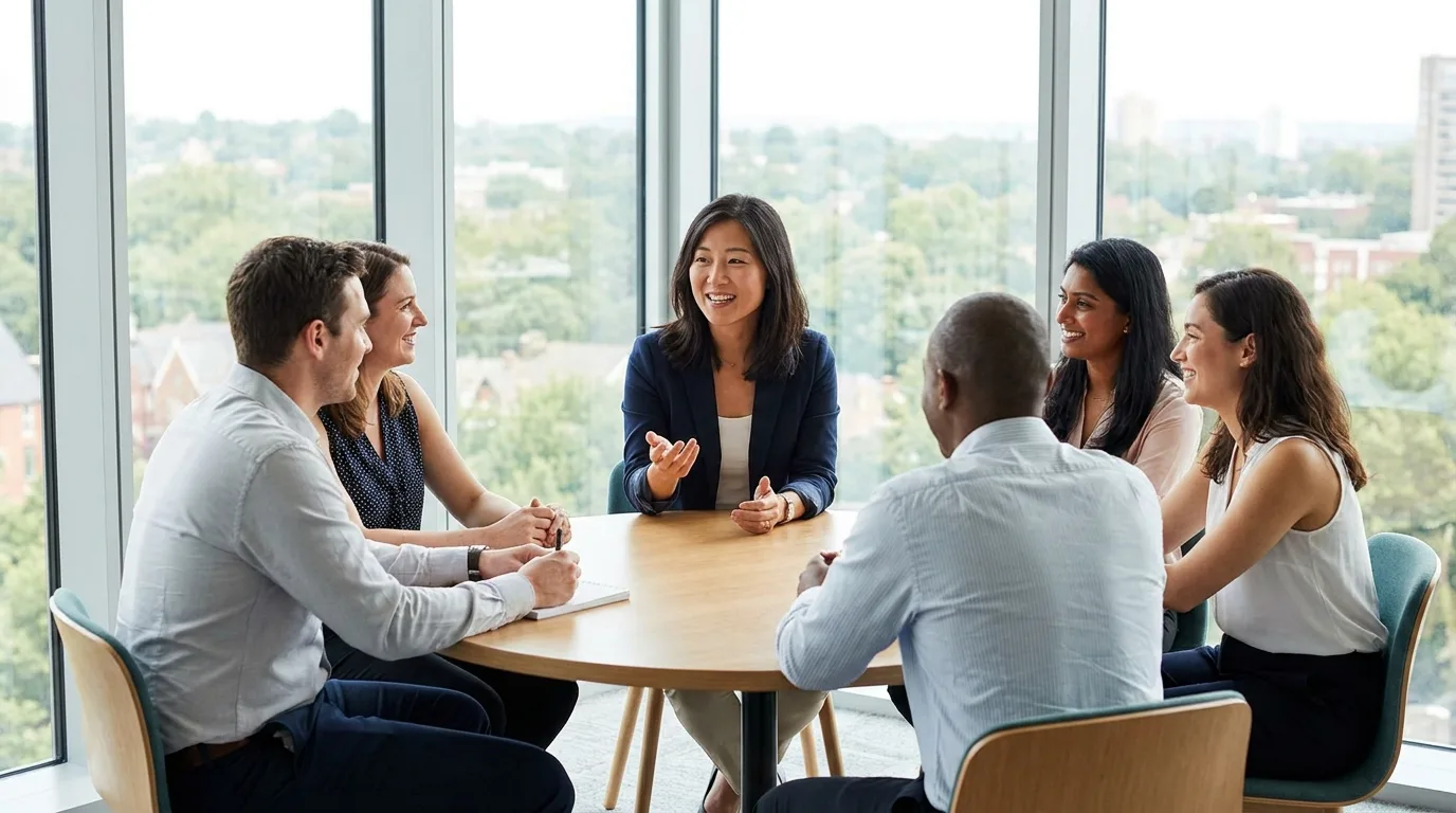 A woman leading a workshop with mixed-gender colleagues around a meeting table in a bright office